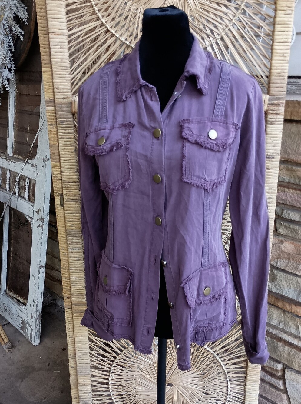 Utility Jacket in Purple with Fringe Pocket Details_XS